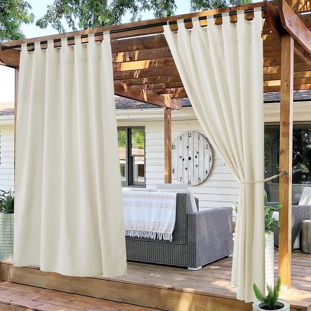 Detalle 2 de PONY DANCE Outdoorvorhänge mit Klettverschluss 2er Set (H 213 x B 140 cm) – halbtransparent, beige