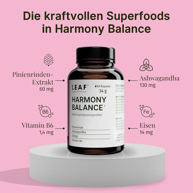 Detalle de LEAF HARMONY BALANCE Balance-Kapseln für Frauen mit Vitamin B6, Ashwagandha, Pinienrinde & Ginkgo – 60 vegane Kapseln