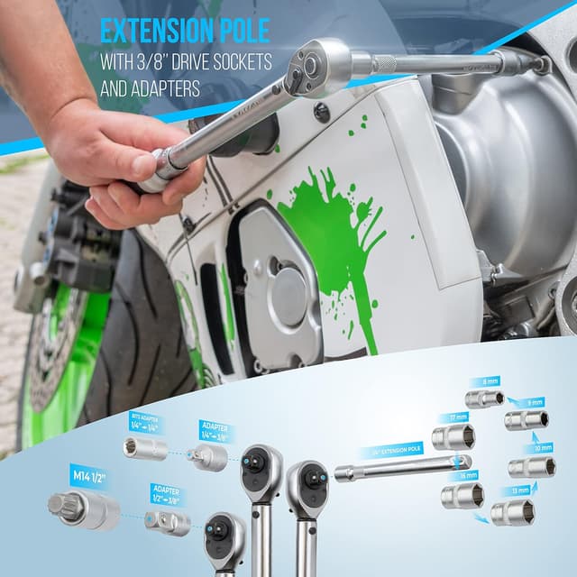 Detalle de Set di chiavi dinamometriche HASKYY da 3/8" (5–60 Nm) con accessori per moto e personalizzate