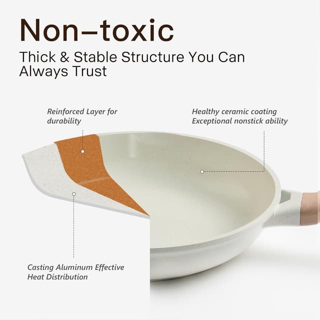 Detalle 2 de Non Stick Ceramic Pots and Pans Set (22-Piece) – Non-Toxic, Induction Compatible, Cream White Granite