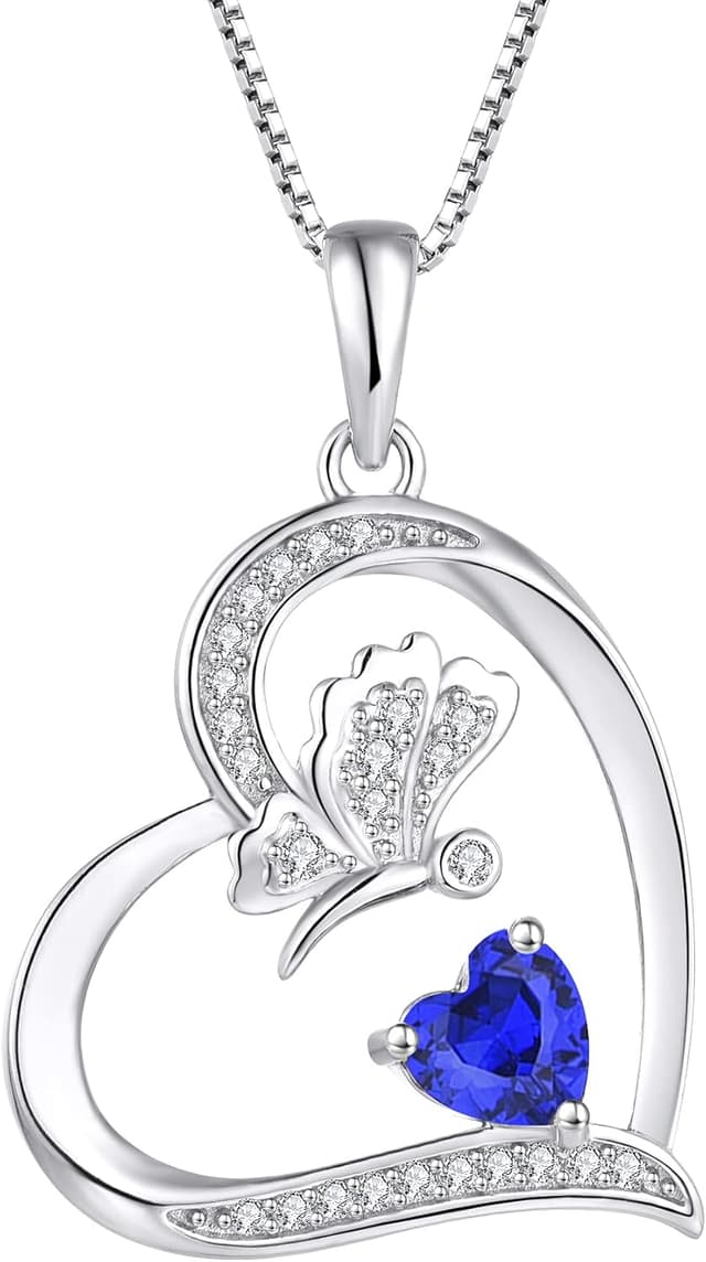 Detalle de FJ Herz Damenkette mit Schmetterling-Anhänger, 925 Sterling Silber, Geburtsstein-Kette als Geschenk