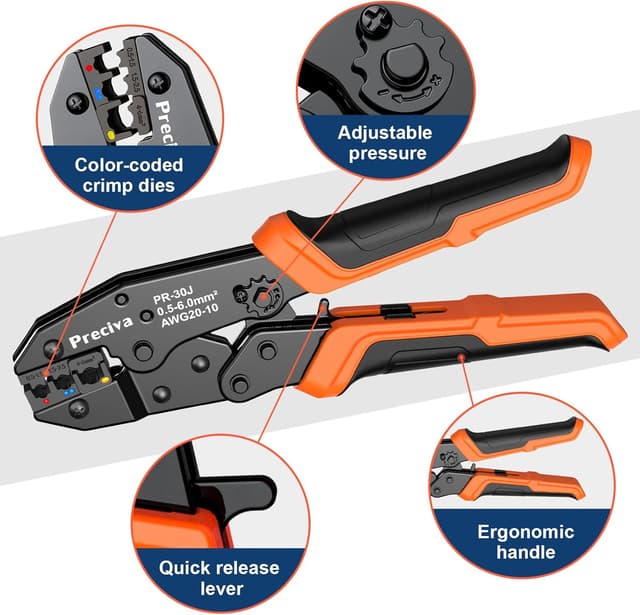 Detalle de Ratchet Crimping Plier Preciva insulated wire terminal crimp tool for AWG 20–10 up to 6mm²