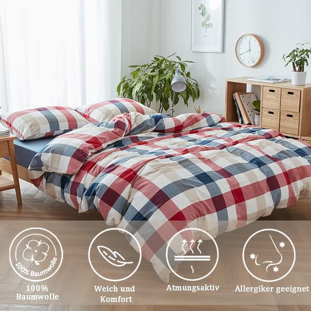 Detalle 2 de Nesture Bettwäsche 135x200 Baumwolle 4-teilig kariert bunt – 100% gewaschene Baumwolle, bügelfrei