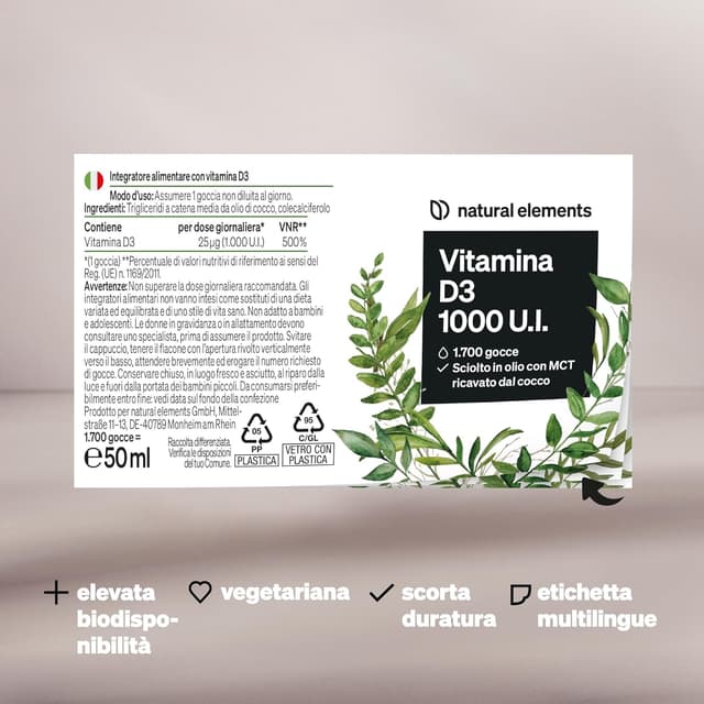 Detalle de Natural Elements Vitamina D3 1000 UI per goccia, 50 ml (1.750 gocce) in olio MCT di cocco