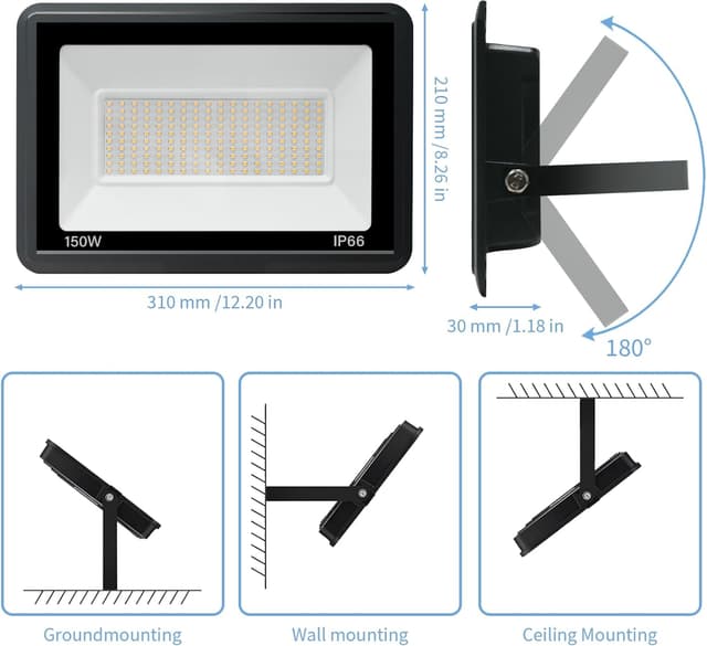 Detalle 2 de Jefedana 150W LED Außenstrahler 15.000 lm, 3.000 K Warmweiß, IP66, 120° mit 180 LED-Chips