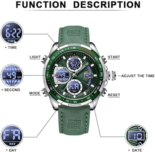 Detalle de Orologio militare multifunzione Naviforce con LED, cronografo e cinturino in vera pelle