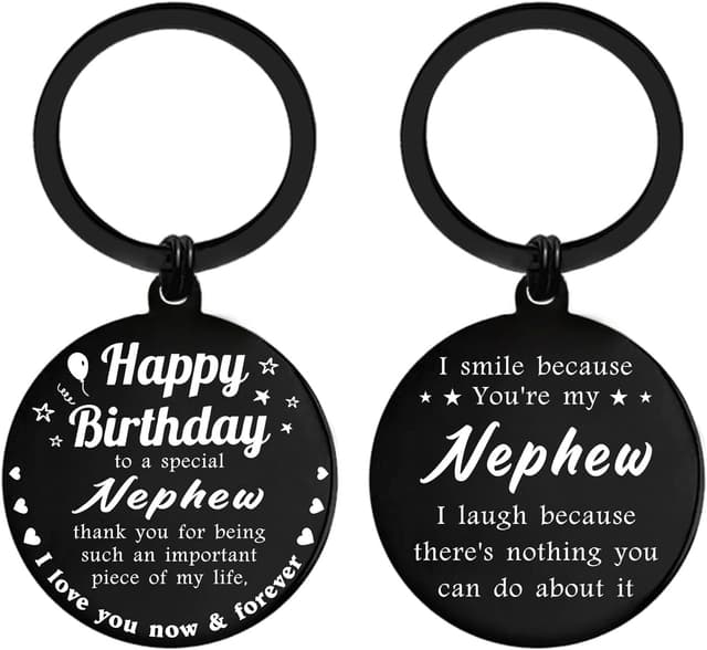 Detalle de ENGZHI Happy Birthday Nephew Stainless Steel Keyring – Metal Keychain Gift from Uncle or Auntie