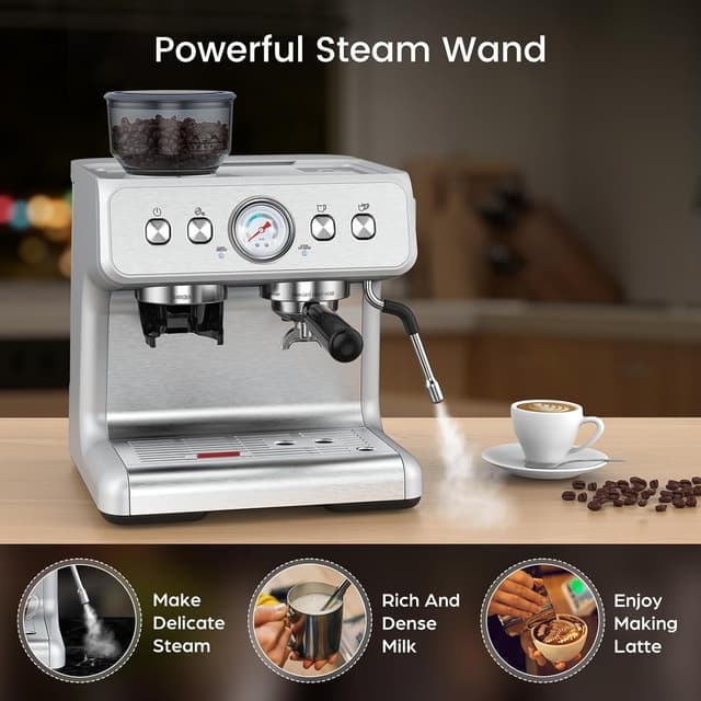 Detalle 2 de (2026 Upgrade) Espresso Machine with Grinder + Milk Steam Wand (15 Bar) — Home Espresso for Cappuccino & Latte