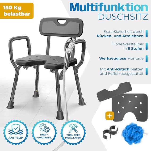 Detalle 2 de KESSER® Duschhocker mit Lehne – höhenverstellbarer Duschsitz für Senioren & Schwangere, 150 kg belastbar
