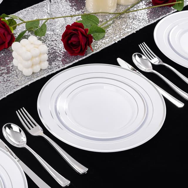 Detalle de 200-Pack Silver Plastic Plates (100 Dinner + 100 Dessert) — BPA-Free Disposable Party Tableware