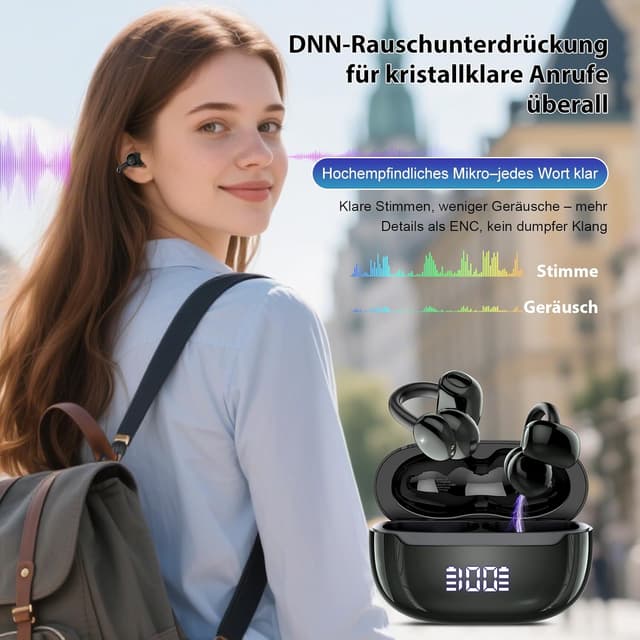 Detalle de Open Ear Bluetooth 5.4 Ohrclip-Kopfhörer mit DNN Geräuschunterdrückung, Gaming- & Musikmodus, IPX7