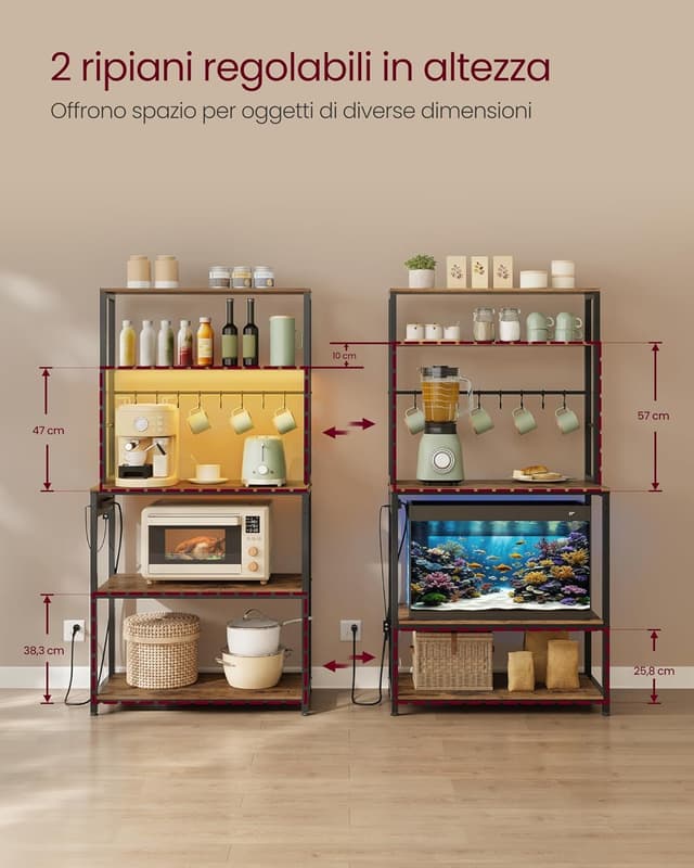Detalle de VASAGLE Scaffale da cucina con LED KKS050KD01: microonde, multipresa e ripiani regolabili 40 x 80 x 168,4 cm