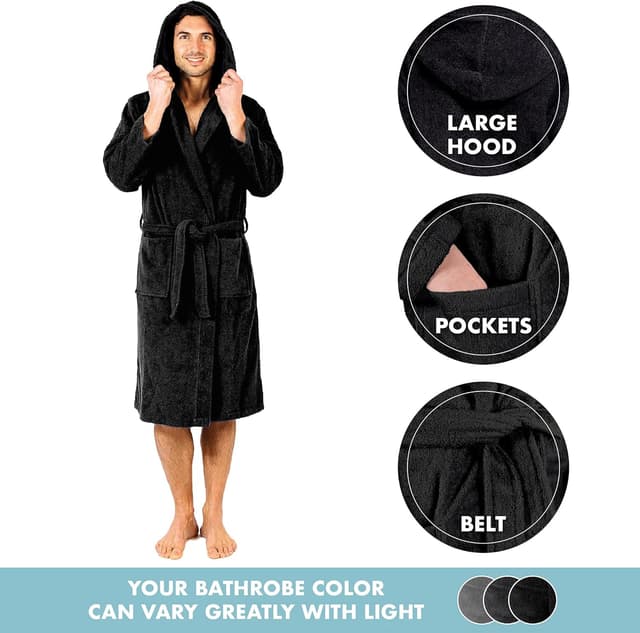 Detalle de Twinzen Herren-Bademantel mit Kapuze aus 100% Baumwolle (350 g/m²) – mit Gürtel und 2 Taschen