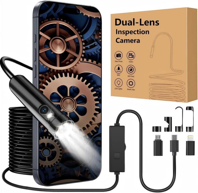 Detalle de Dual-Lens Endoscope Inspection Camera with Lights (1920P HD) and Semi-Rigid Snake Lens – UseePlus-style app support
