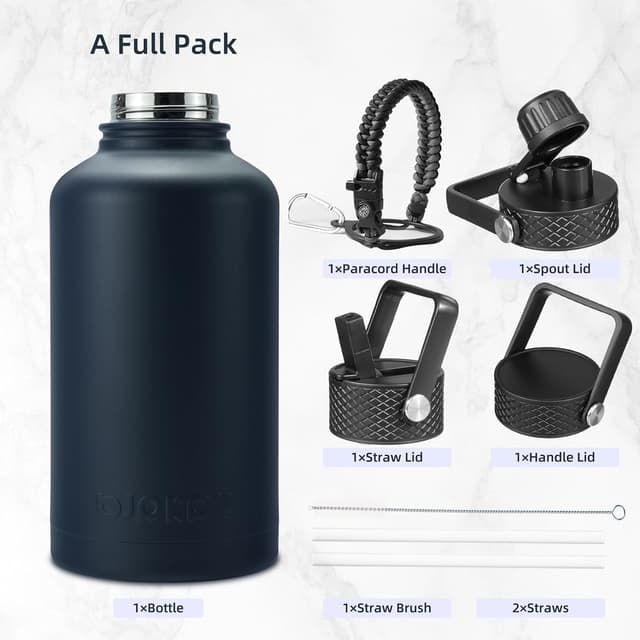 Detalle de BJPKPK 64oz Half Gallon Insulated Water Bottle (Navy Blue) with Straw Lid, 3 Lids & Paracord Handle