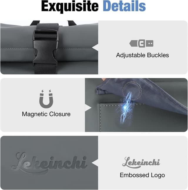 Detalle de Lekeinchi rolltop backpack for men and women with 17-inch laptop compartment (Grey)