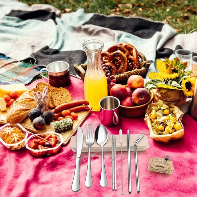 Detalle de TEAMFAR Campingbesteck 9-teilig – Outdoor Reisebesteck aus Edelstahl mit Etui & Tasche