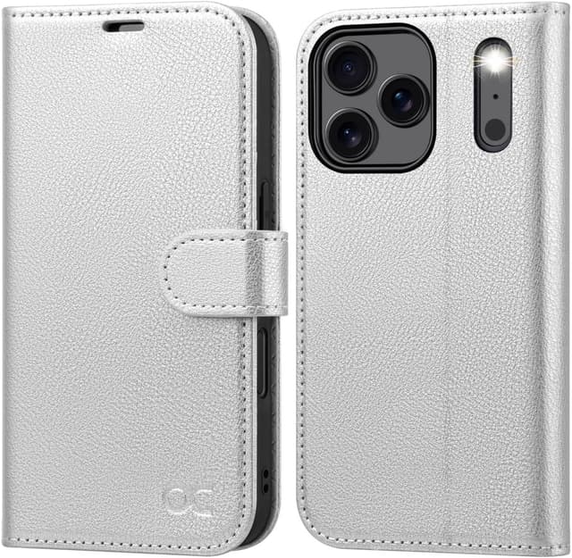 Detalle de OCASE Hülle für iPhone 17 Pro Max 5G mit Kartenfach, Magnet & RFID-Blocker (Leder, Silber)