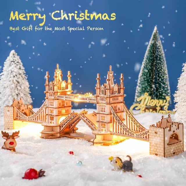 Detalle 2 de ROBOTIME Tower Bridge wooden model kit (113 pieces) with built-in light beads