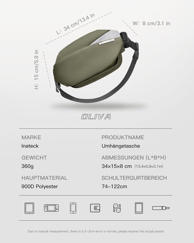Detalle 2 de Inateck Sling Bag Umhängetasche 34 x 15 x 8