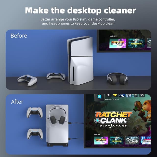 Detalle de HEATFUN Wall Mount Kit for PS5 Slim 2023 (Disc & Digital) – Black wall bracket with 2 controller holders and headset hook