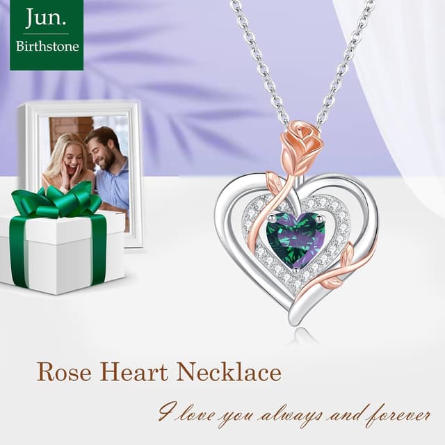 Detalle de LAVUMO Collier femme argent sterling 925 et laiton, pendentif double cœur rose et pierre de naissance