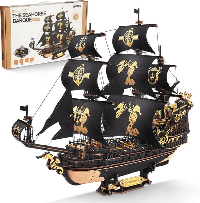 Detalle de ROKR 3D Puzzle Holzbausatz The Seahorse Barque (MCB02) – Boot-Modell zum Selberbauen ohne Klebstoff