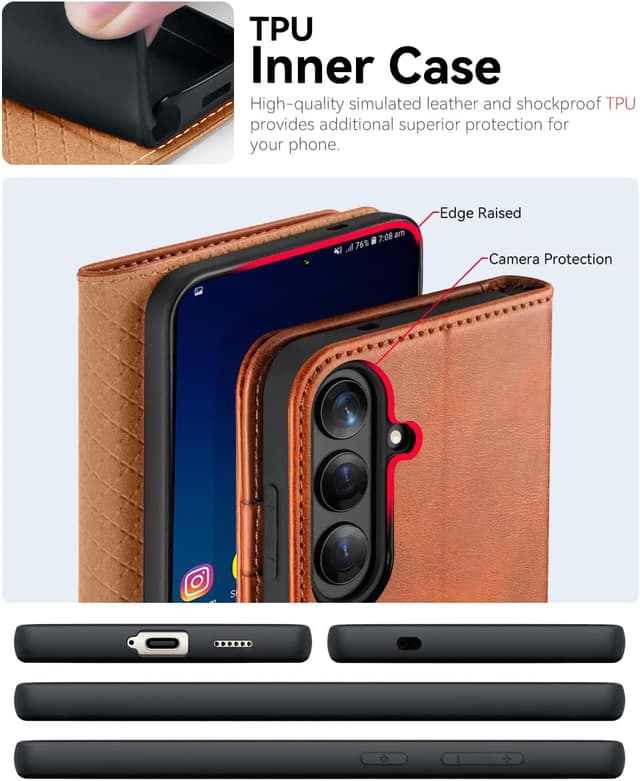 Detalle de OCASE Kompatible Hülle für Samsung Galaxy S25 Plus 5G – klappbare Lederhülle mit Magnetverschluss, RFID & Kartenfächern (hellbraun)