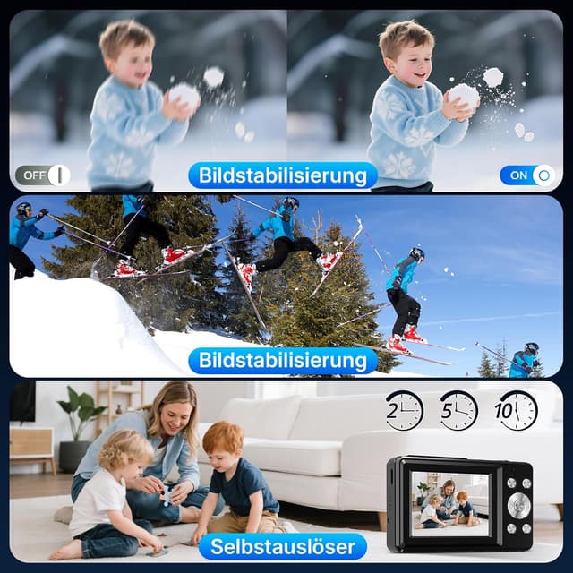 Detalle 2 de LOUM Digitalkamera Kompakte Kamera mit 44 MP Fotos, 1080P Video, 2,4" IPS und Webcam-Modus (32 GB TF-Karte) – Schwarz