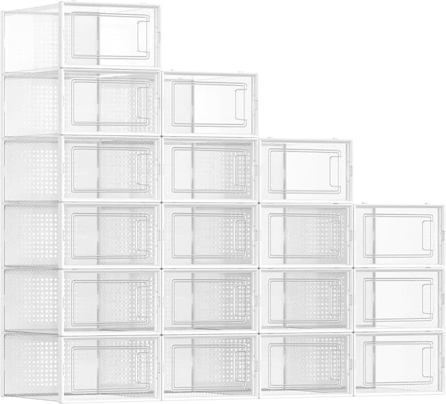Detalle de SONGMICS Schuhboxen-Set (18 Stück) LSP18SWT: faltbar, stapelbar & transparent für Schuhe bis Größe 44