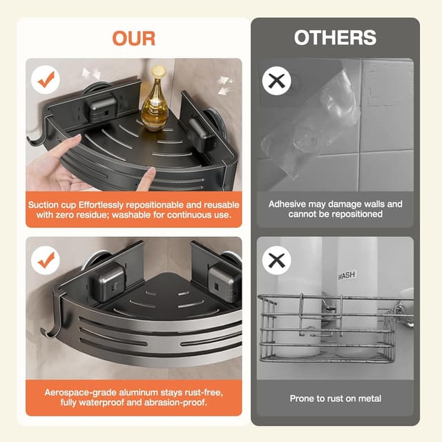 Detalle 2 de Lekesky Corner Shower Caddy Suction Cup (Aluminium) with Hooks, No-Drill Corner Shelf, Gunmetal Grey, 2-Pack