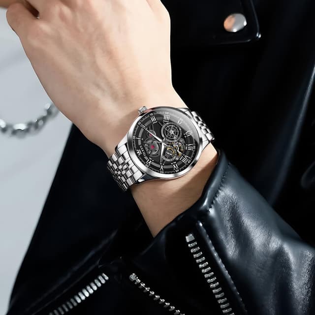 Detalle 2 de OLEVS Herren Uhr Quarz „Luxus Business“ mit Skelettdesign, Chronograph & Mondphase