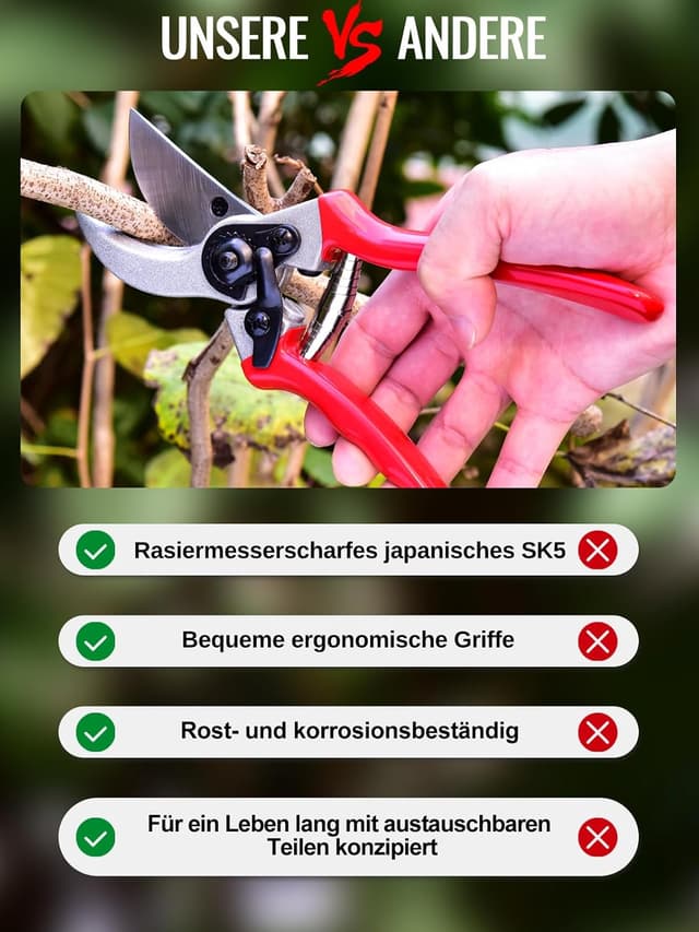 Detalle de Gartenschere mit Bypass-Schneide (Schnittdurchmesser 25 mm) & 2 Ersatzfedern – Japanische SK5-Klinge