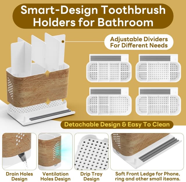 Detalle de toprance Detachable Wood Grain Toothbrush Holder with 6 Slots, Front Ledge & Cord-friendly Design