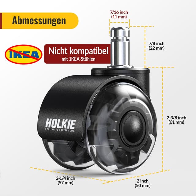 Detalle de HOLKIE Bürostuhl Rollen Set (5er) mit Doppelrädern, 11 mm Schaft, schwarz – leises Gleiten für harte Böden
