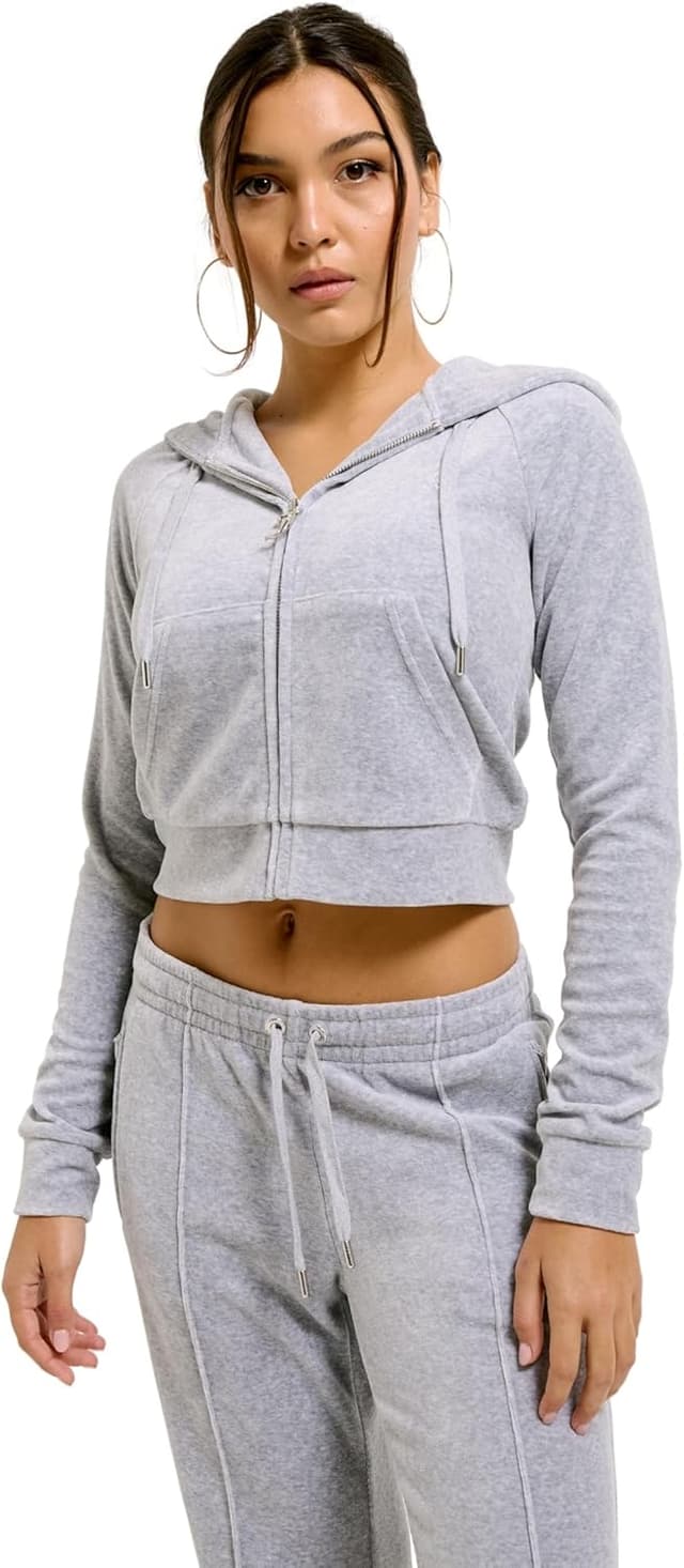 Detalle de Juicy Couture Damen Madison Hoodie Kapuzensweatjacke aus Velour-Mix mit Reißverschluss