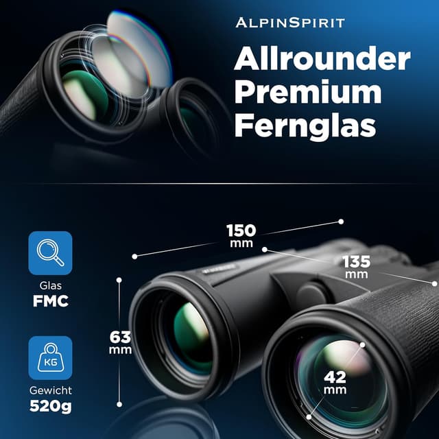 Detalle de AlpinSpirit 10x42 Fernglas inkl. Tasche & Zubehör – kompakt, leicht und für Brillenträger gedacht