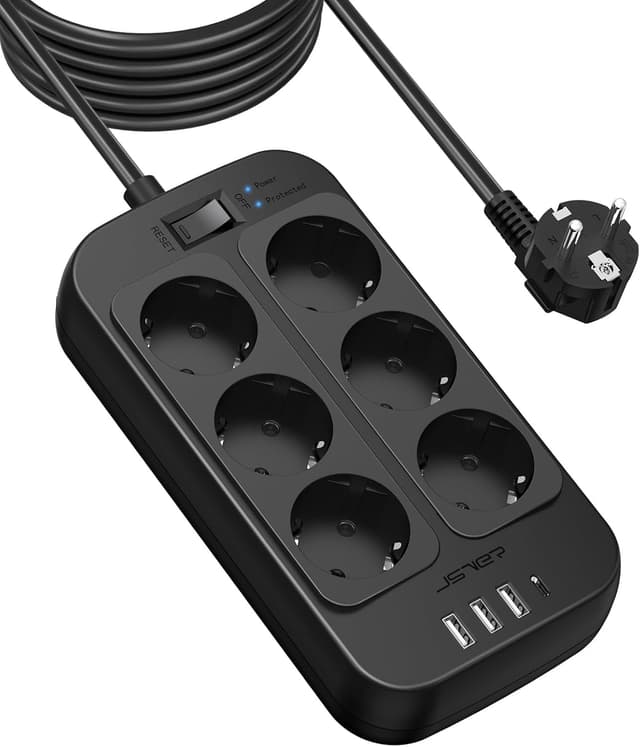 Detalle de Steckdosenleiste mit Überspannungsschutz, 6 Fach – JSVER Mehrfachsteckdose mit 3 USB-A & 1 USB-C (Schwarz)