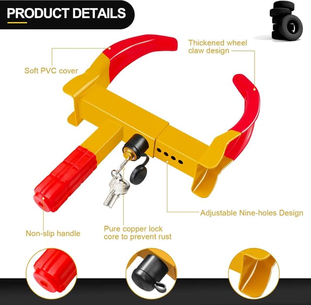 Detalle de MAIKEHIGH Sabot antivol de roue réglable (2 à 12,2 pouces) avec 3 clés pour voiture, caravane, remorque