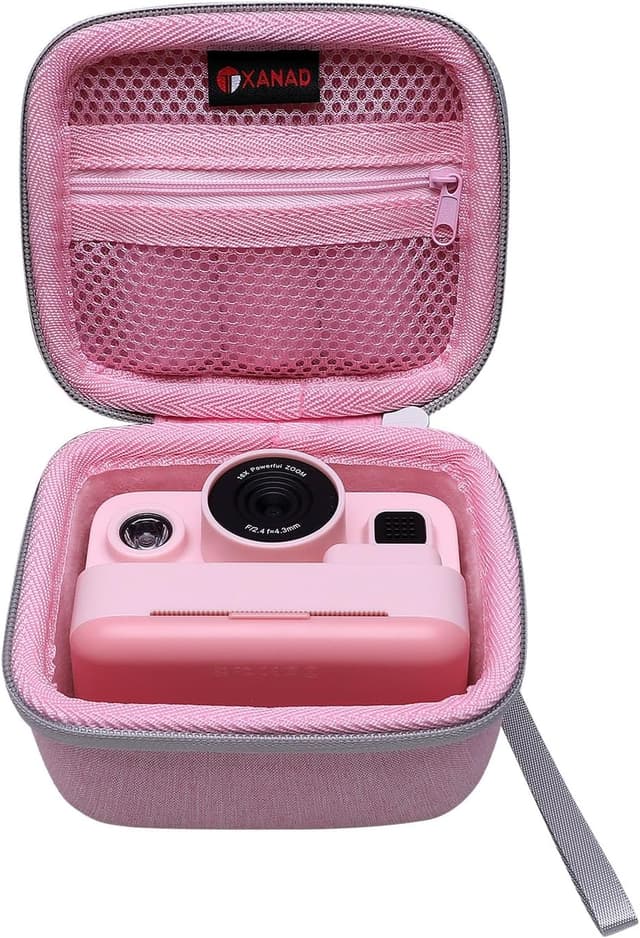 Detalle de XANAD Kinderkamera Tasche für Sofortbildkameras – wasserdichte, stoßfeste Schutzhülle mit Thermodruckpapier-Fach (Rosa)