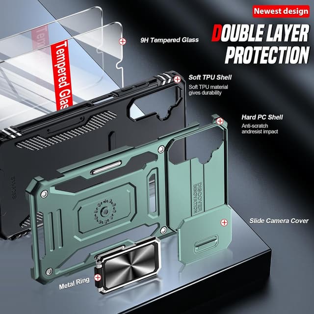 Detalle de LeYi Samsung Galaxy A05S phone case with sliding camera lens cover, ring stand and screen protectors (Light Green)