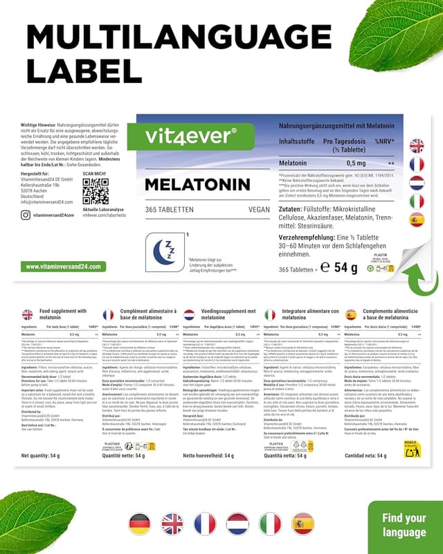 Detalle 2 de vit4ever Melatonin 0,5 mg (1/2 Tablette) – 365 Tabletten, vegan