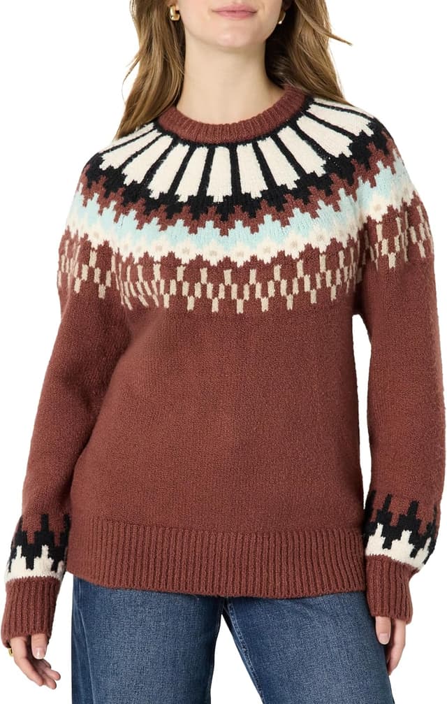 Detalle de Amazon Essentials Damen Fair-Isle Oversize-Pullover mit Rundhalsausschnitt „Demis Favorit“