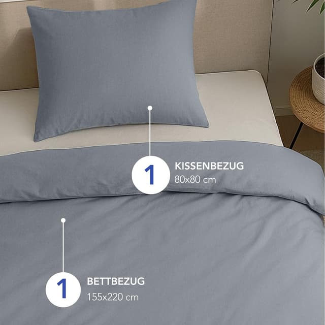 Detalle de Dreamzie Mako-Satin Bettwäsche-Set 155x220 cm (grau) mit 1 Kissenbezug 80x80 cm, Oeko-Tex zertifiziert