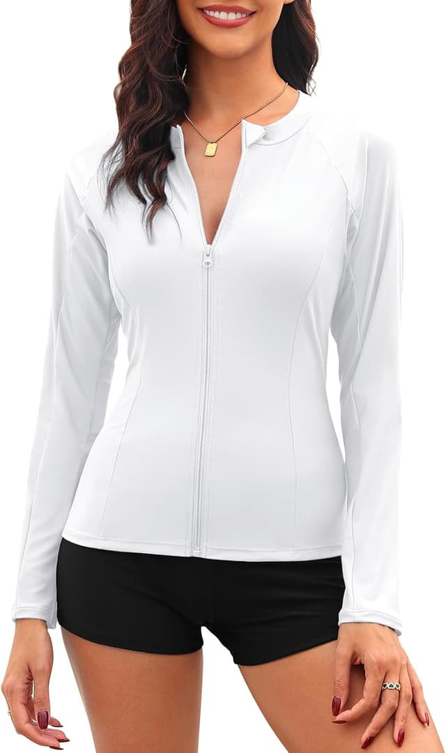 Detalle de Haut de maillot de bain femme Tuopuda à manches longues anti-UV UPF 50+ (rashguard) à fermeture éclair
