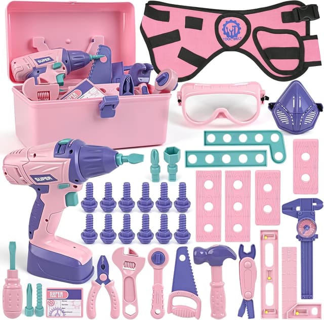 Detalle de Vanplay Kids Tool Set 52-piece pretend play tools kit with drill belt & toolbox (pink)