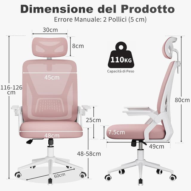 Detalle de naspaluro Sedia da Ufficio rosa con braccioli ribaltabili, poggiatesta e schienale in rete traspirante