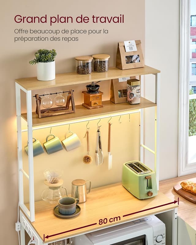 Thumbnail 6 de VASAGLE étagère de cuisine avec LED et multiprise KKS050YA01 (40 x 80 x 168,4 cm) – doré chêne et blanc mat