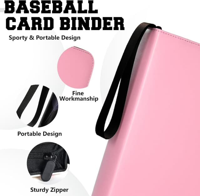 Detalle de 9 Pocket Trading Card Zip Binder (Pink) — Holds Up to 900 Cards with Removable Sleeves