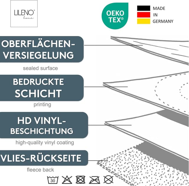 Detalle de LILENO HOME nappe lavable au mètre 200 x 140 cm en toile cirée imperméable à motif feuilles et vignes grises